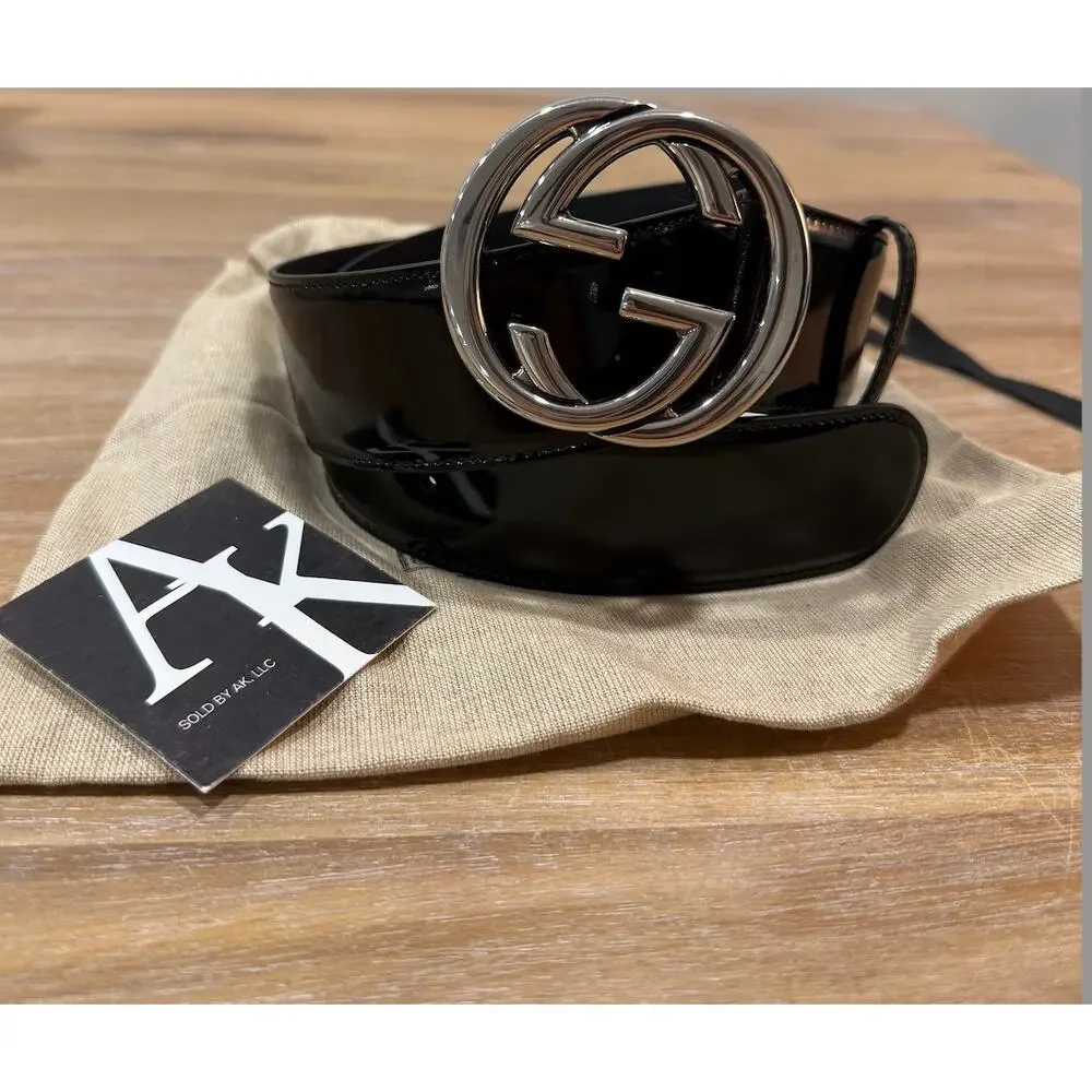 Gucci Interlocking G Brushed Leather Wide Belt Black Silver Buckle Size 80
